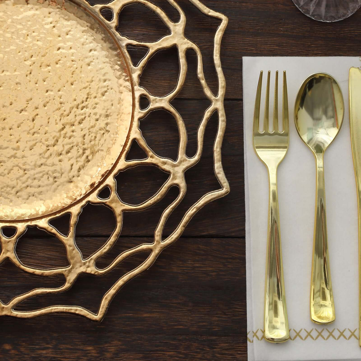 6-Pack Acrylic Charger Plates 13" Round Gold Floral Cutout Design - Hollow Flower Plastic Decorative Dinner Party Charger Tableware